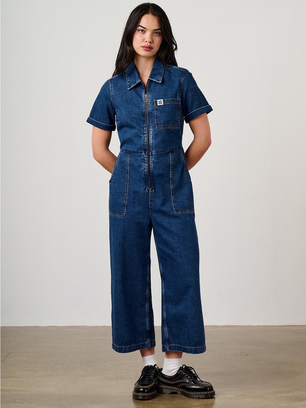 Lucy & Yak Dark Blue Denim Short-Sleeve Zip Jumpsuit